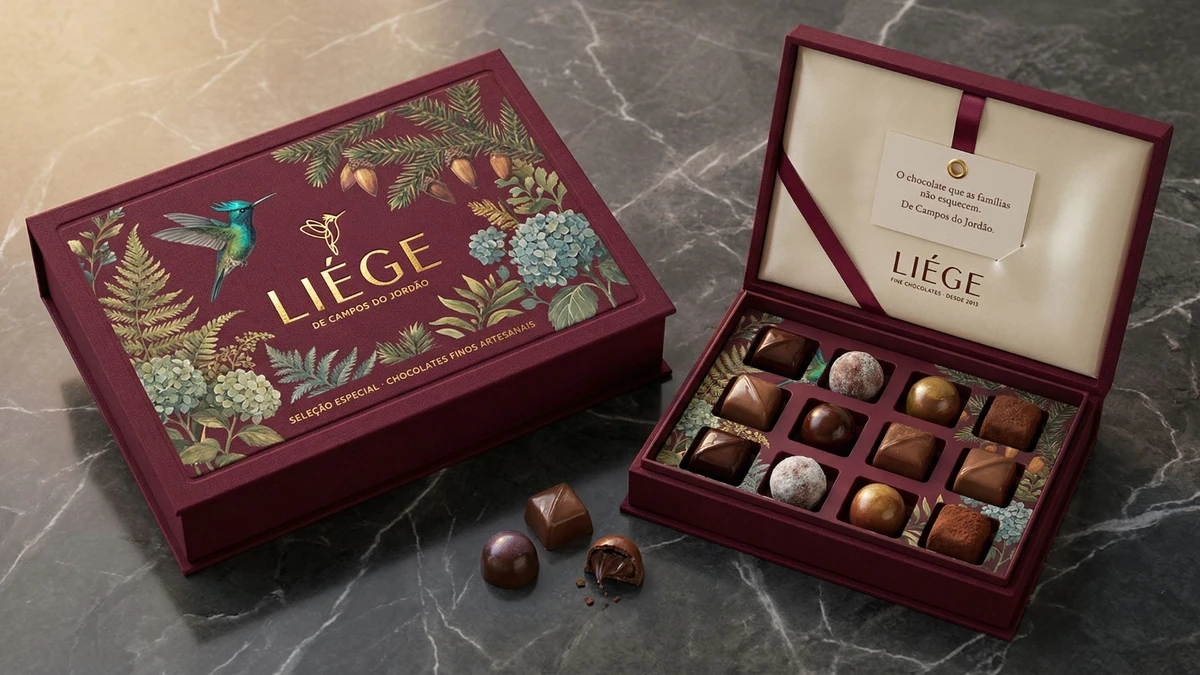 Liége — identidade visual aplicada a caixas de bombons