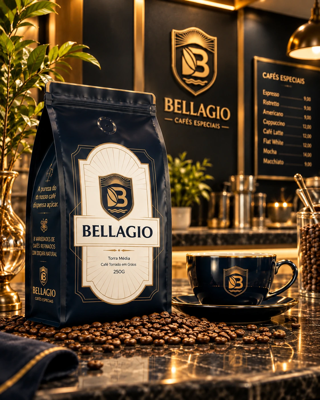 Bellagio — identidade visual aplicada a embalagem de café e xícara