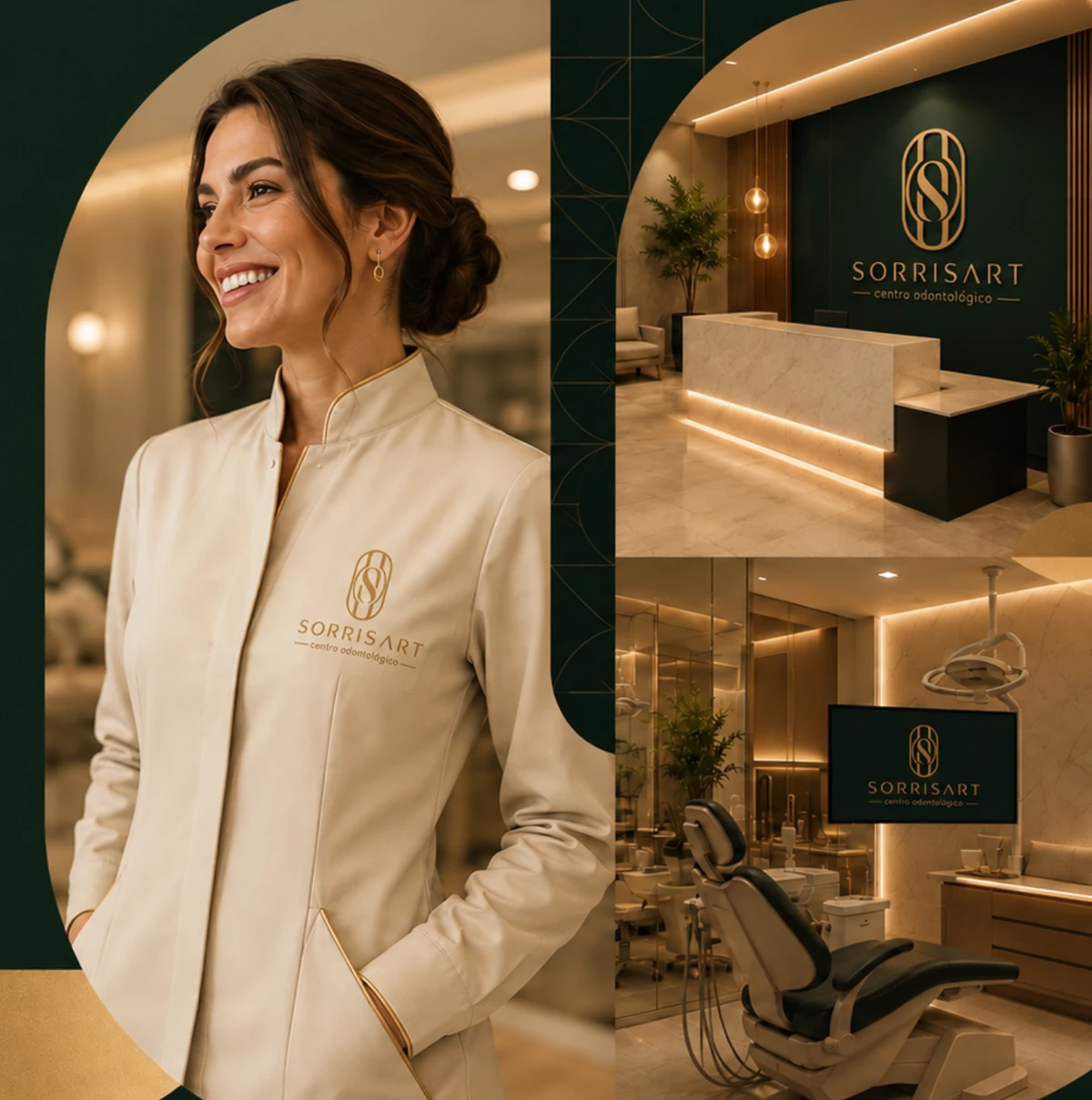 Sorrisart — identidade visual aplicada ao uniforme e aos ambientes da clínica odontológica