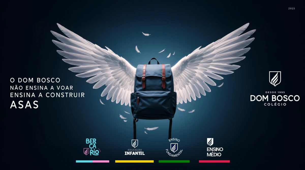 Colégio Dom Bosco — campanha institucional com mochila e asas